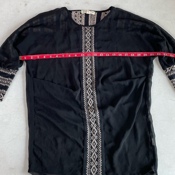 Anthropologie • Striving At Stars Blouse Top Tunic Black Sheer Tan Embroidery - Picture 6 of 9
